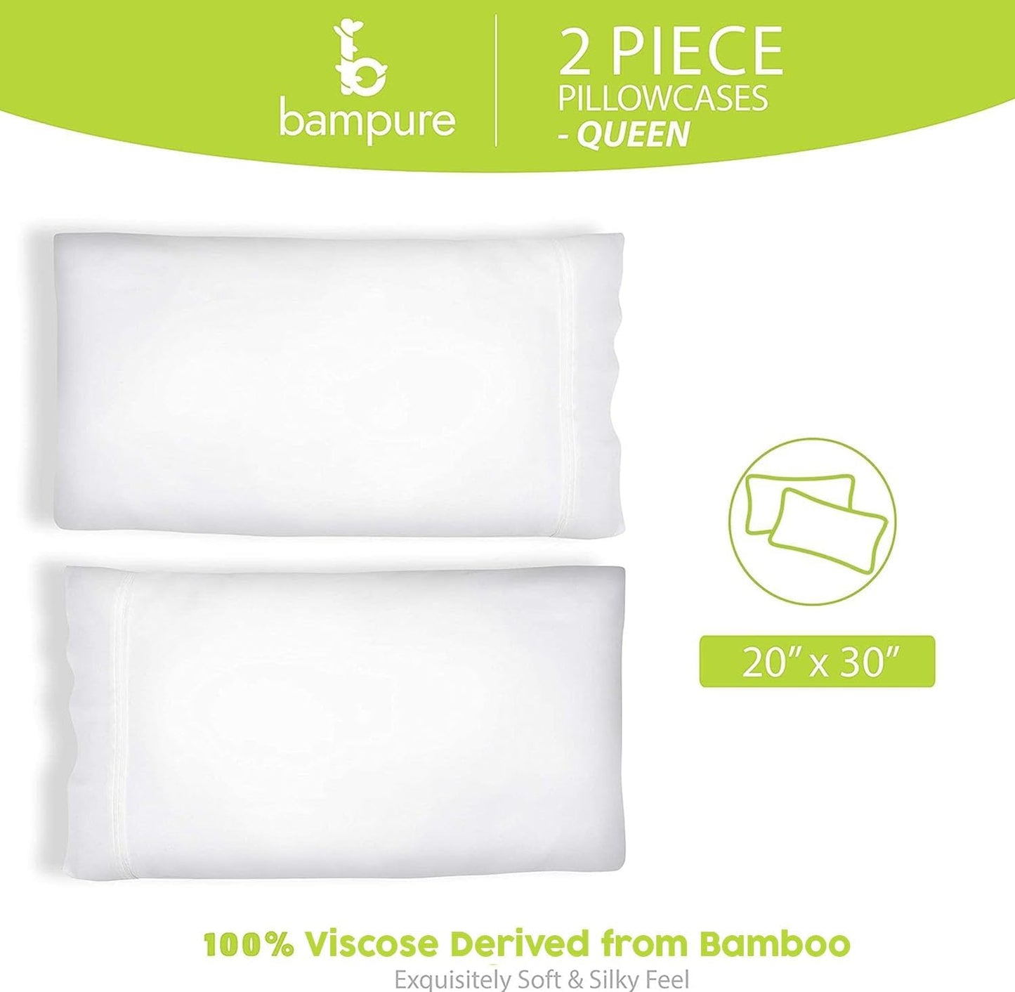 Queen Size Set of 2 Cooling Pillow Cases - 100% Viscose from Bamboo (20x30, White)