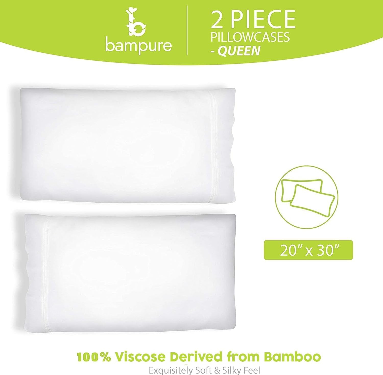 Queen Size Set of 2 Cooling Pillow Cases - 100% Viscose from Bamboo (20x30, White)